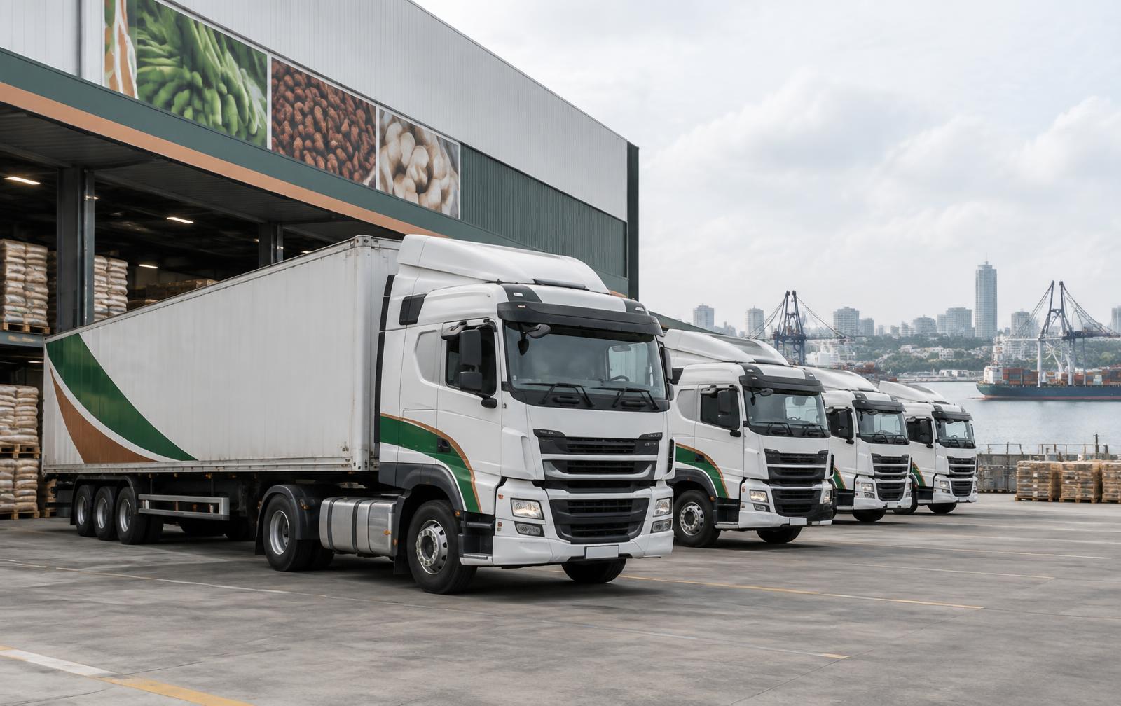 Flotte logistique professionnelle devant un entrepôt d'export